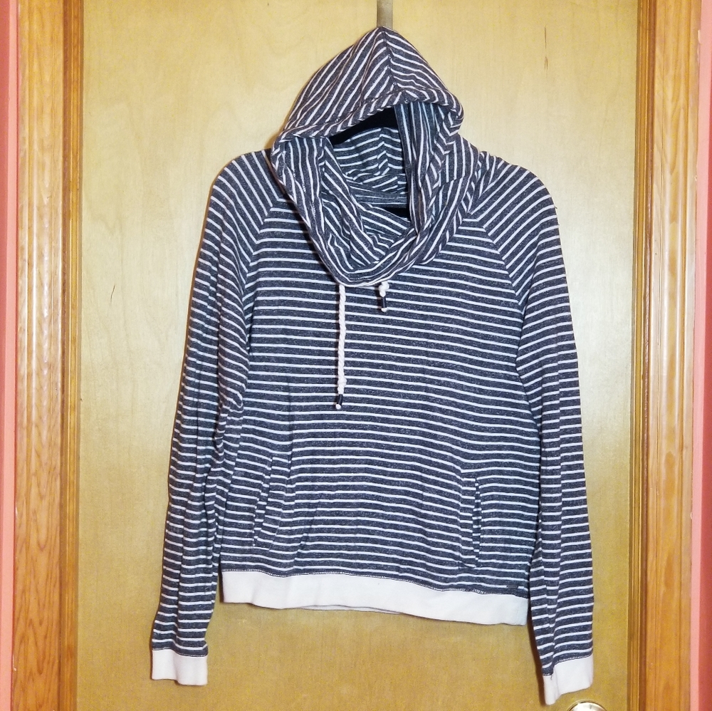 Funnel Neck Gray and White Striped Hoodie